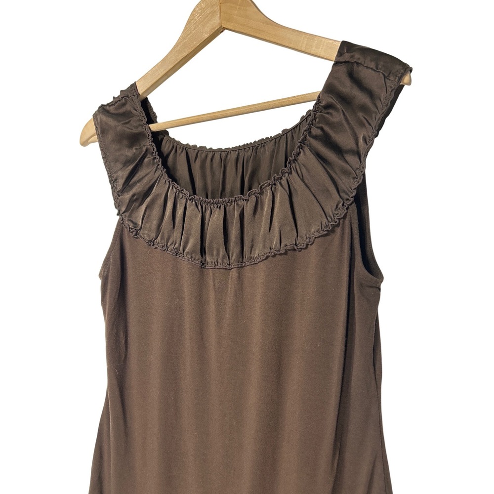 Y2K Brown Ruffle Neck Silk Trim Sleeveless Tank Top Womens Medium